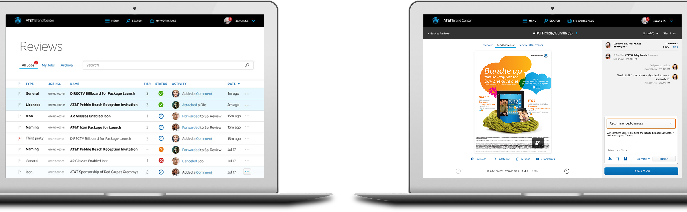 Two laptops side by side show a UI for a Photography Submission form on one side and the Asset Review approval dashboard UI on the other.
