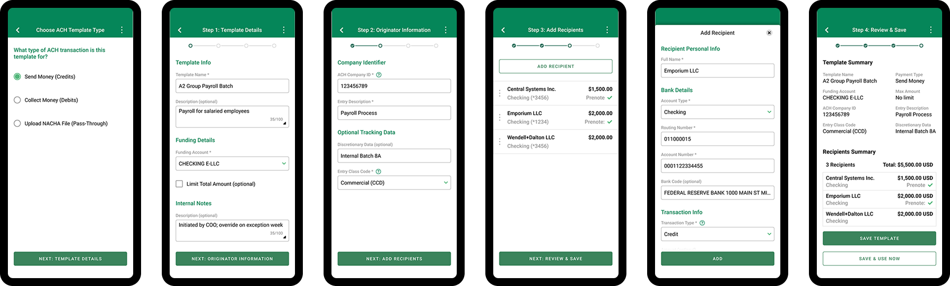 Screenshots of multi-step UI for ACH Payment flow.