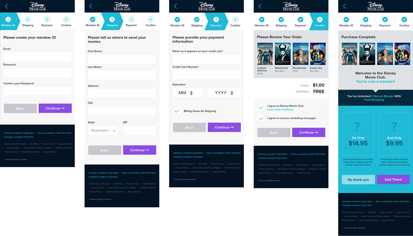 Screenshots of multi-step UI for ACH Payment flow.