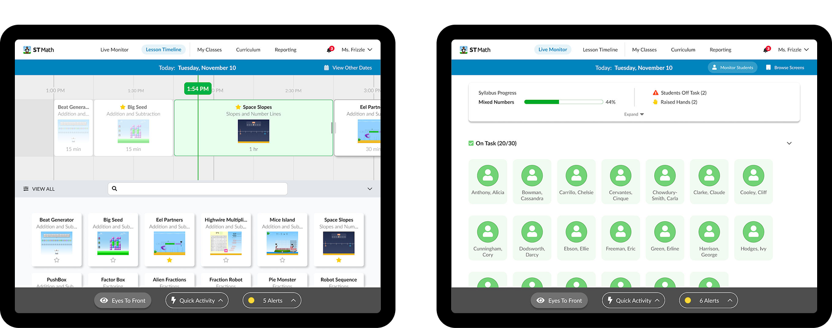 Two tablets side-by-side show UI depicting a content timeline with content tiles, and the other showing a dashboard of student icons with 'On Task' status visible.