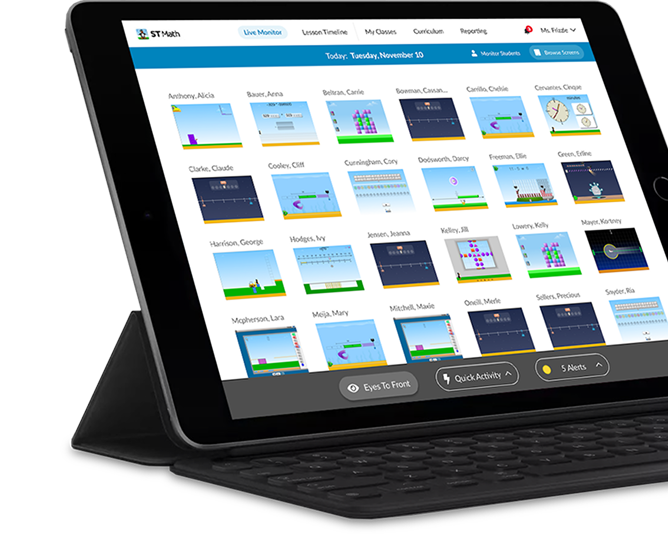 Cropped image of left half of a tablet screen attached to a portable keyboard, showing a dashboard of student screens in a thumbnail view with some classroom controls in the outside of the interface.